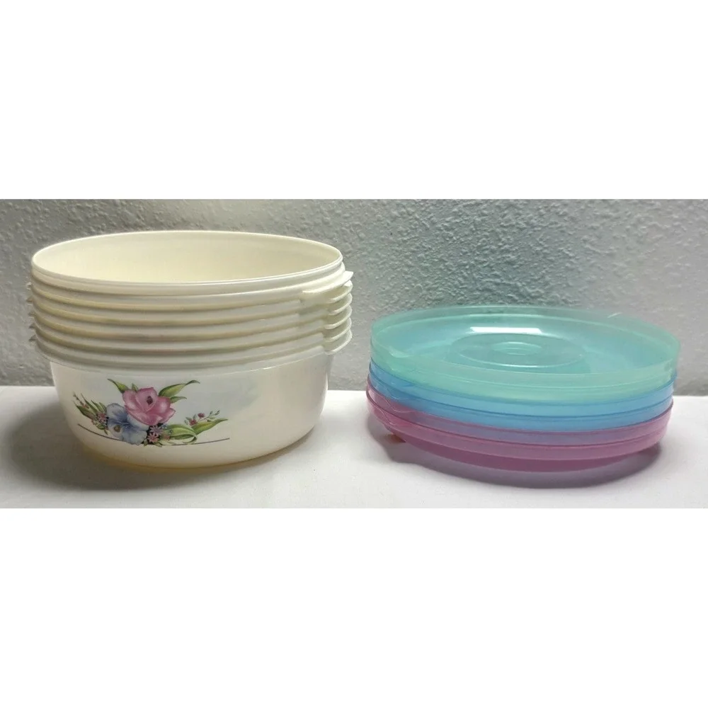 Ratan Vintage Floral Food Storage Bowls Pastel Lids Kitchen Containers Lot Of 6